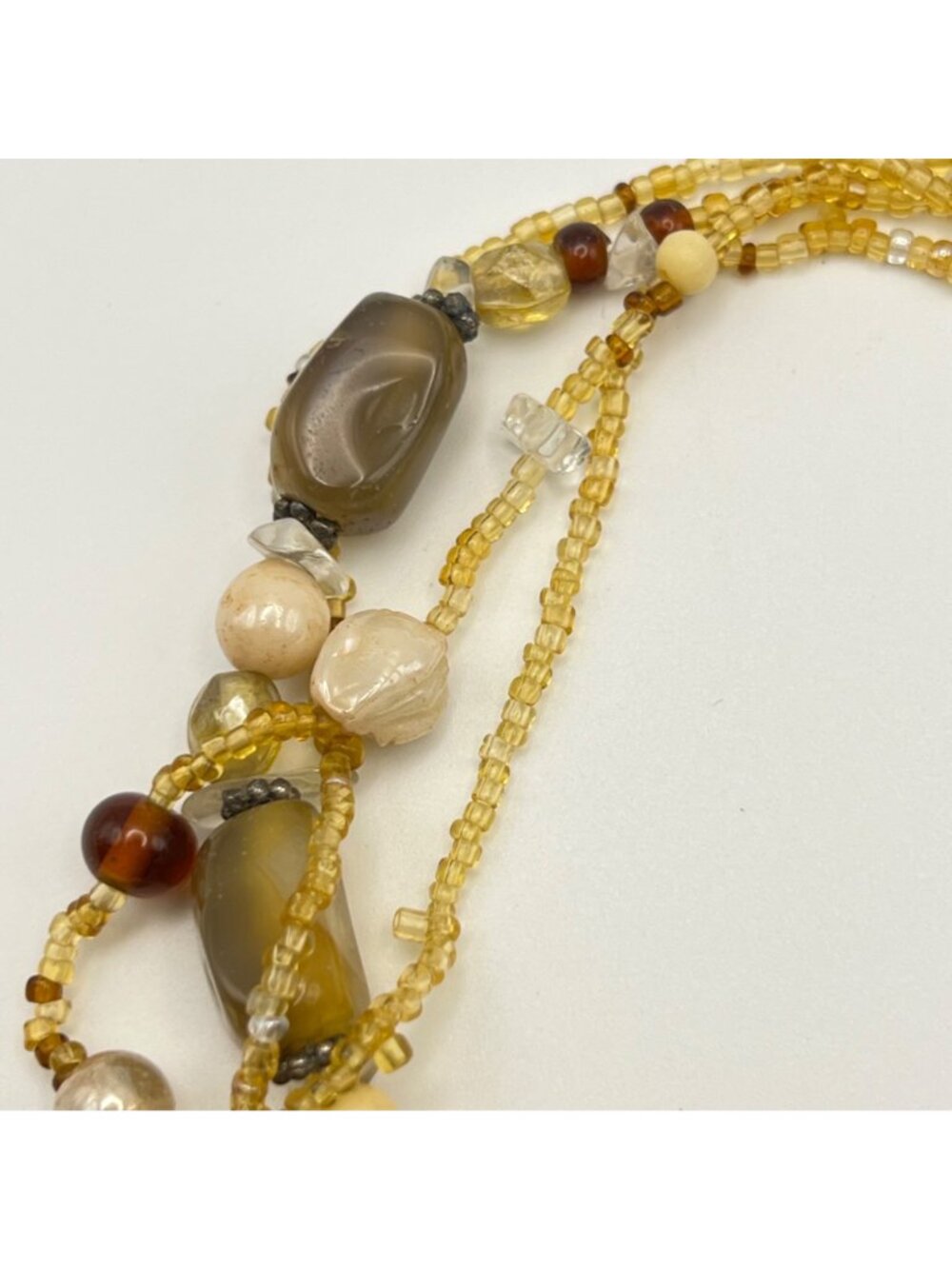 Multi Strand Quartz Glass Bead Necklace  Honey Amber Brown Cream 17-20.25" Boho - Picture 9 of 13